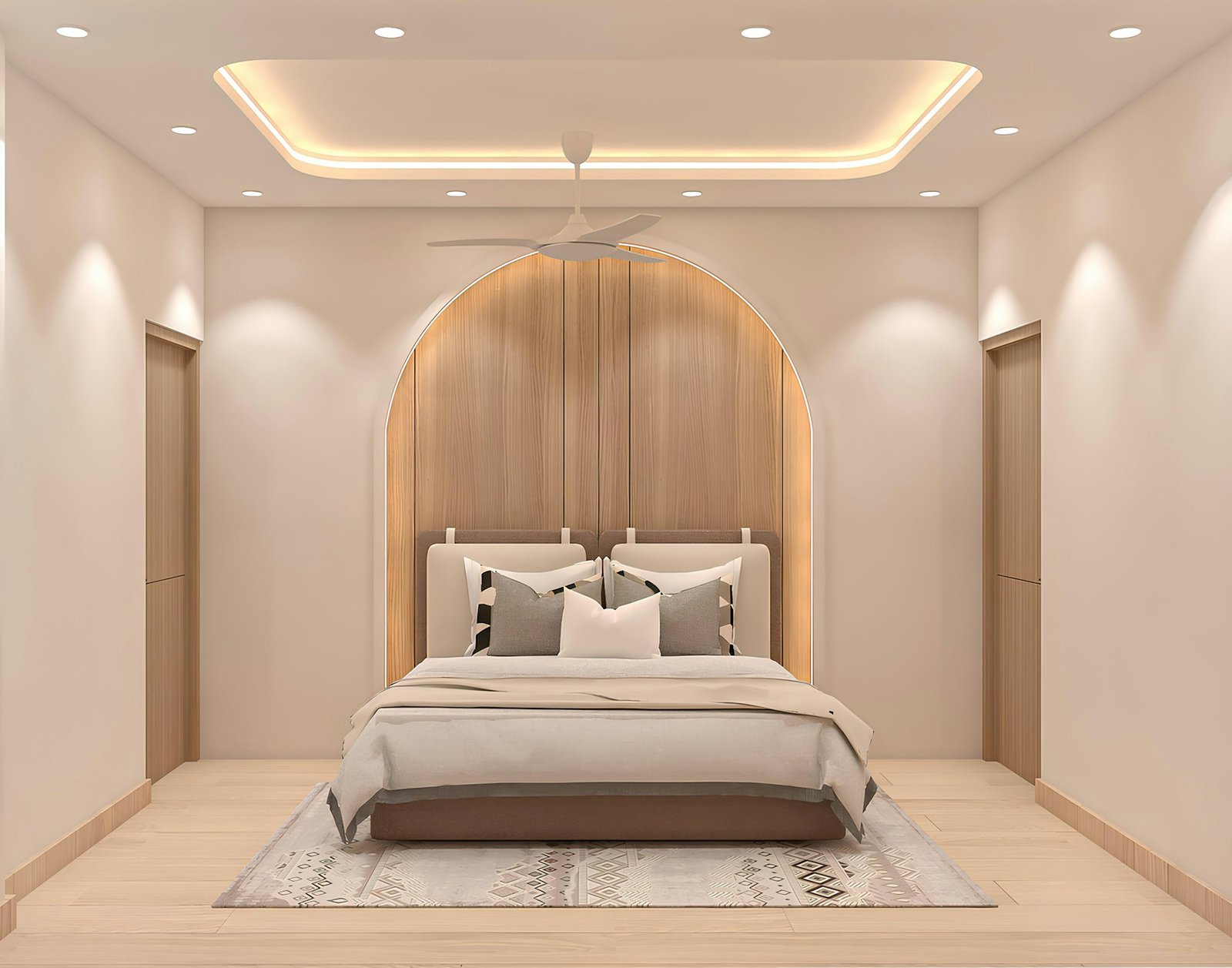 Chambre aux tons naturels, tête de lit en arche