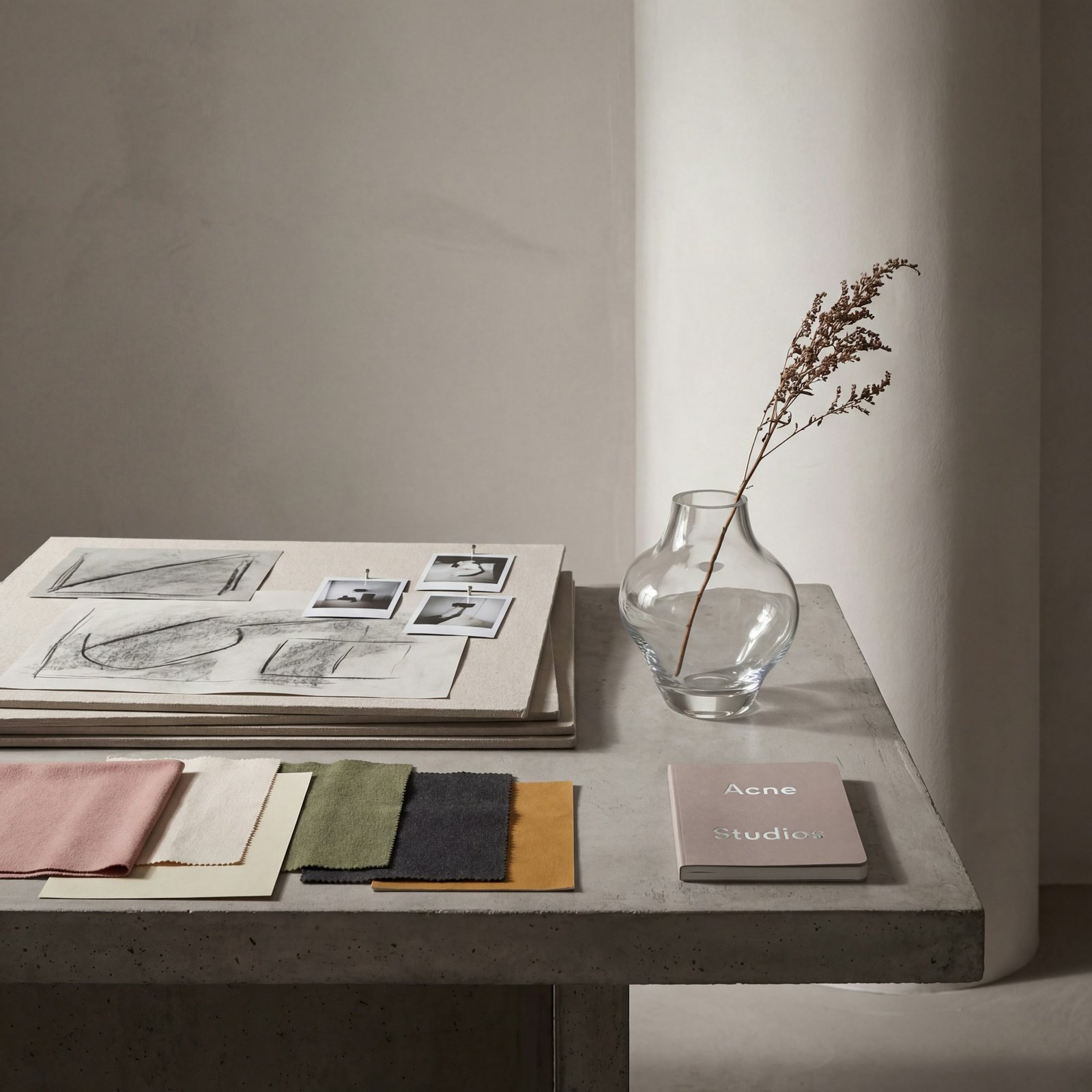 Échantillons de tissus, croquis et vase sur une table de travail