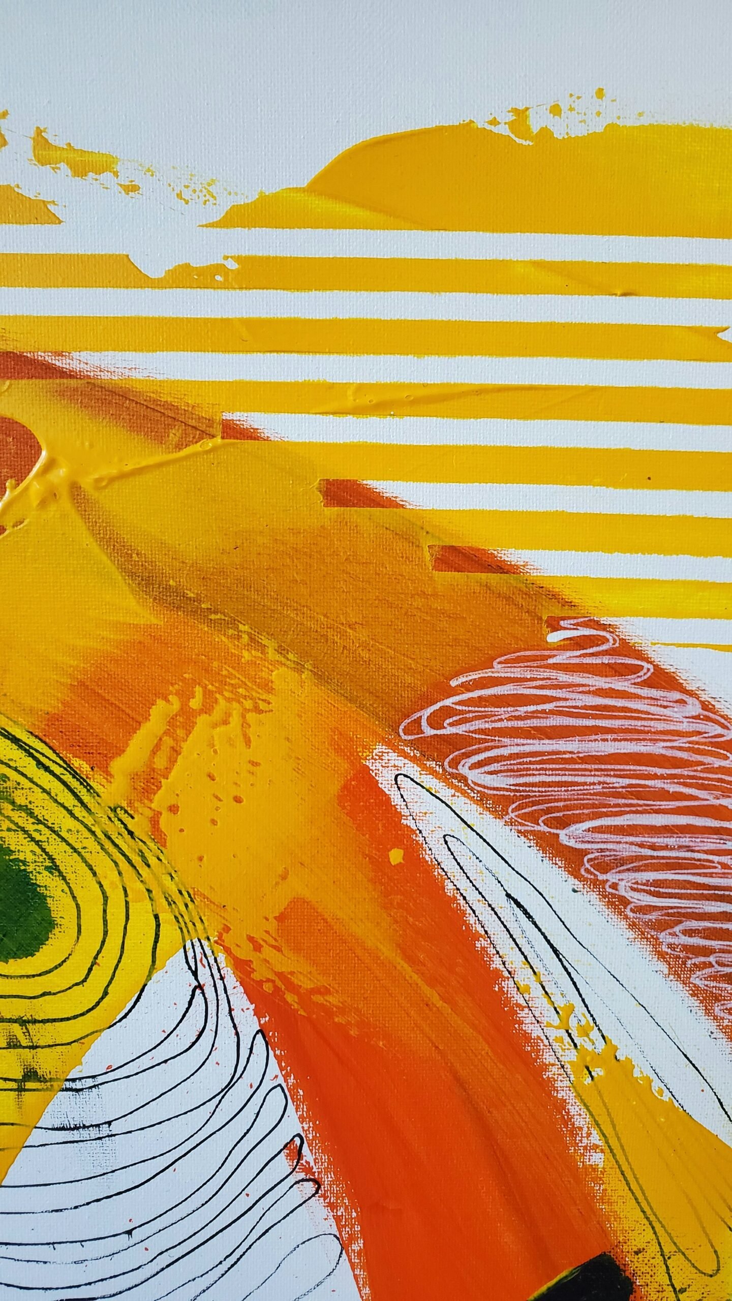 Soleil, toile acrylique aux larges courbes jaunes et orange