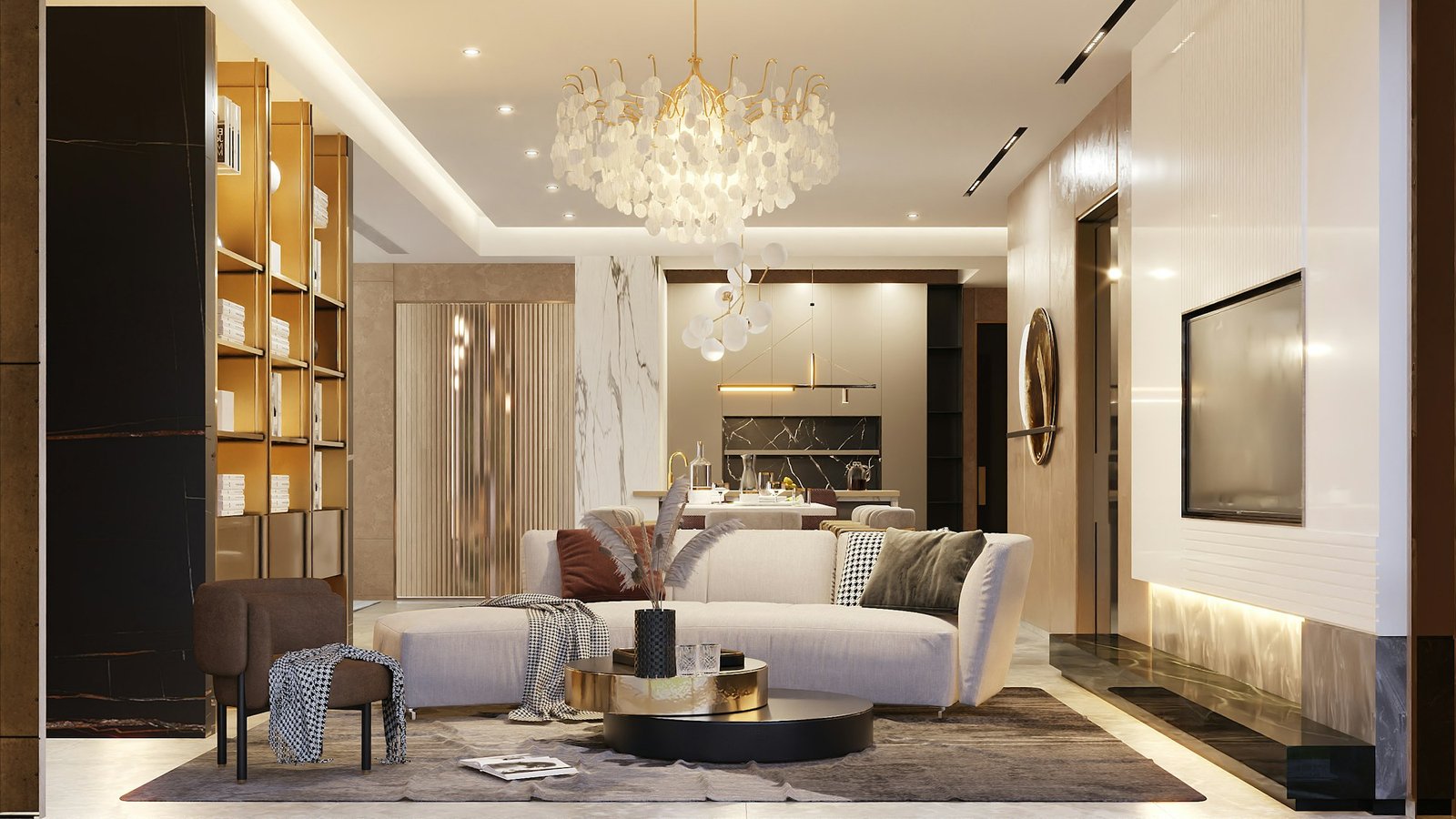 Salon contemporain aux tons chauds et à la décoration soignée