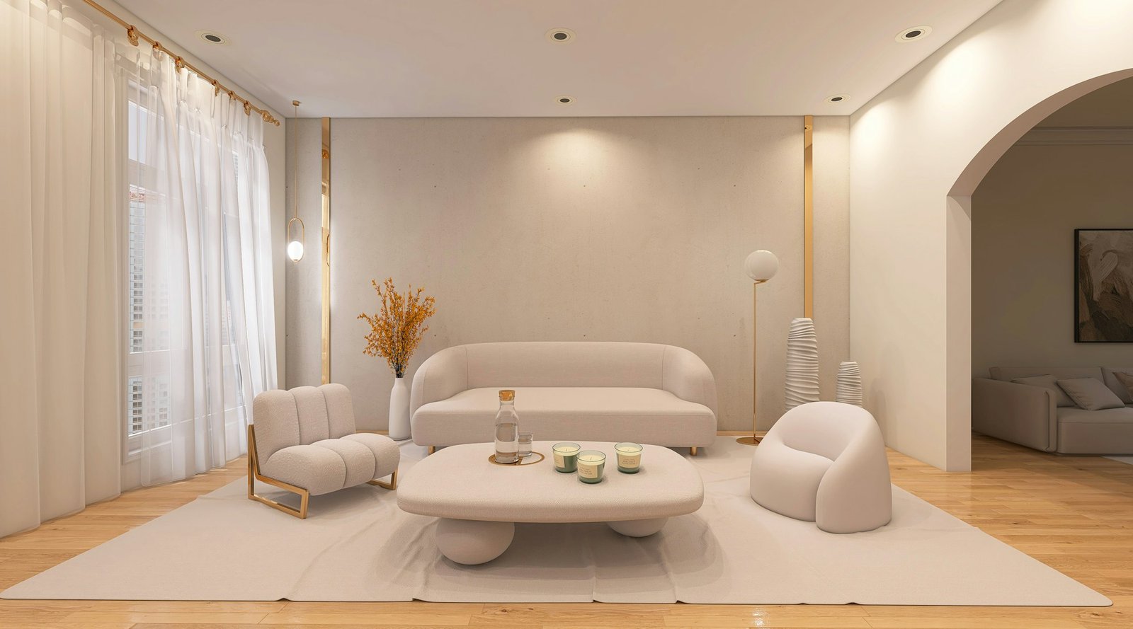 Salon crème aux formes arrondies, baigné de lumière
