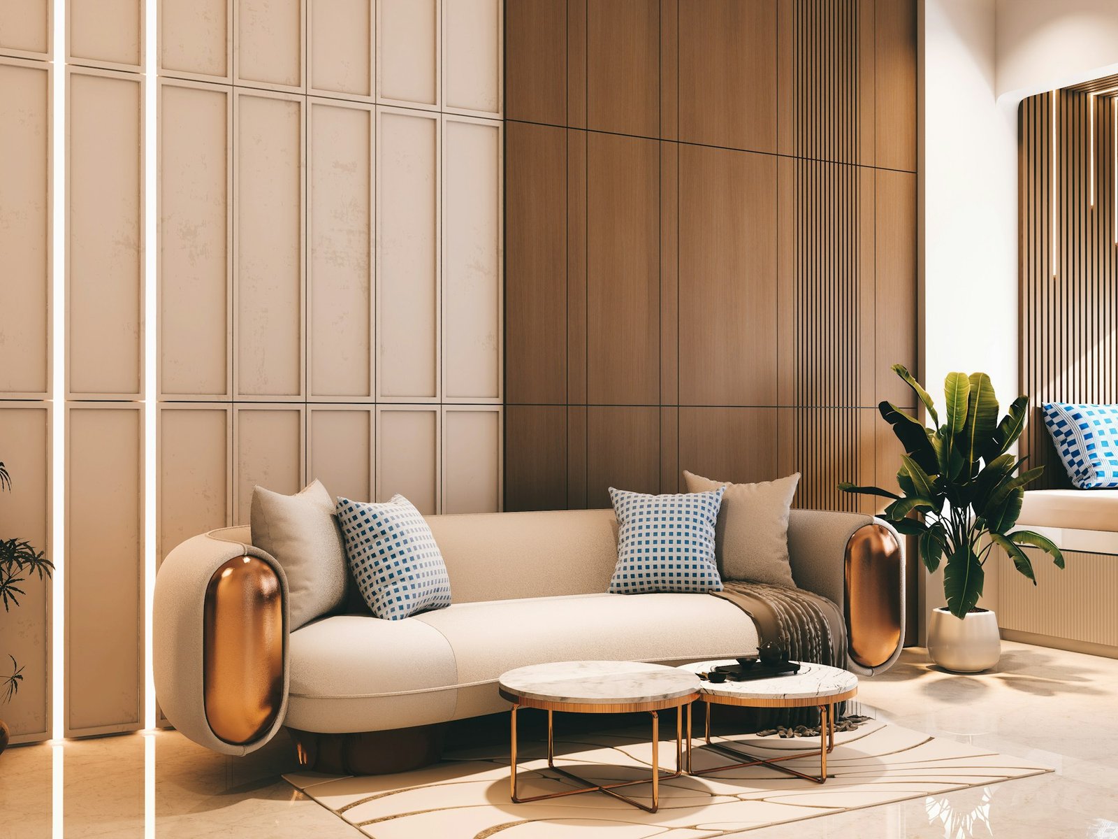 Salon crème et bois clair conçu sur mesure
