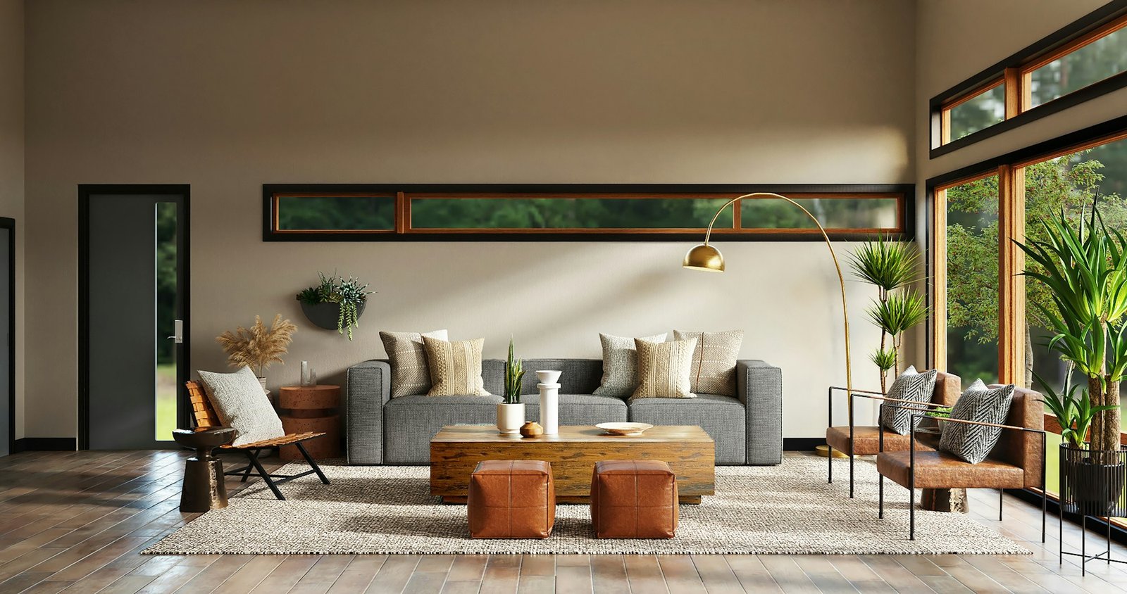 Salon terminé, canapé et table basse en bois