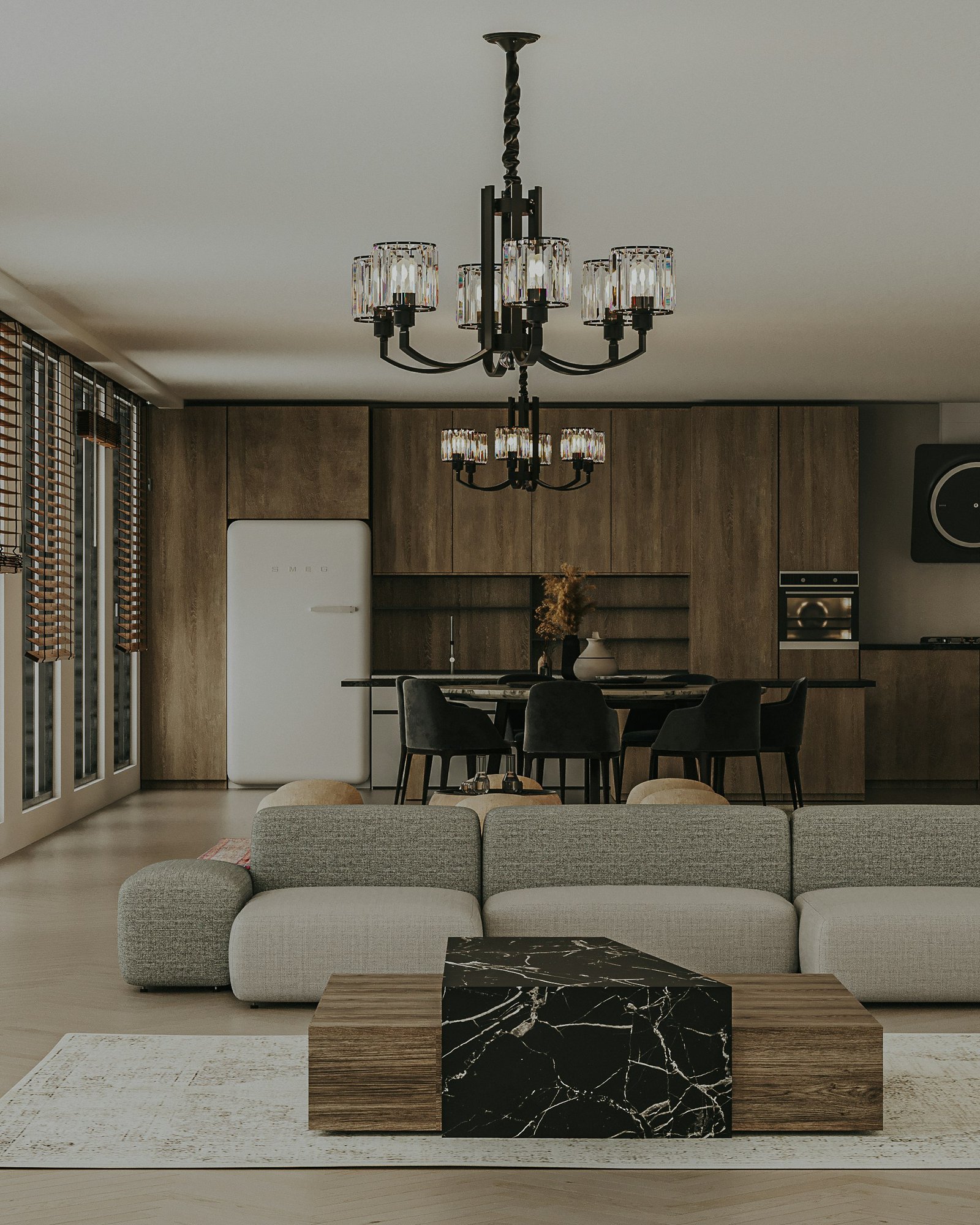 Séjour du penthouse, lustre et canapés clairs