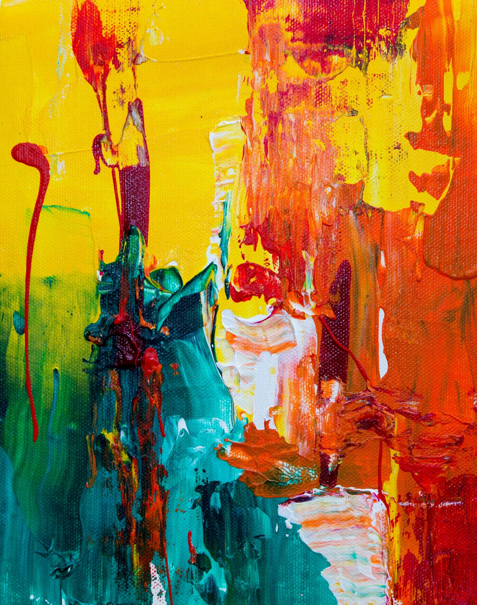 Toile acrylique abstraite aux empâtements orange, jaune et turquoise